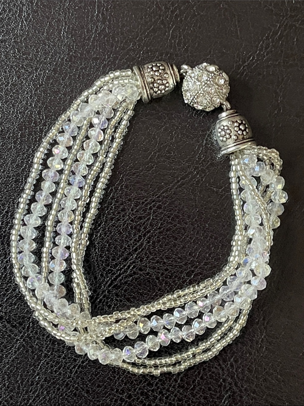 Multi-Strand Crystal & Silver Bead Bracelet with Pave Rhinestone Magnetic Clasp